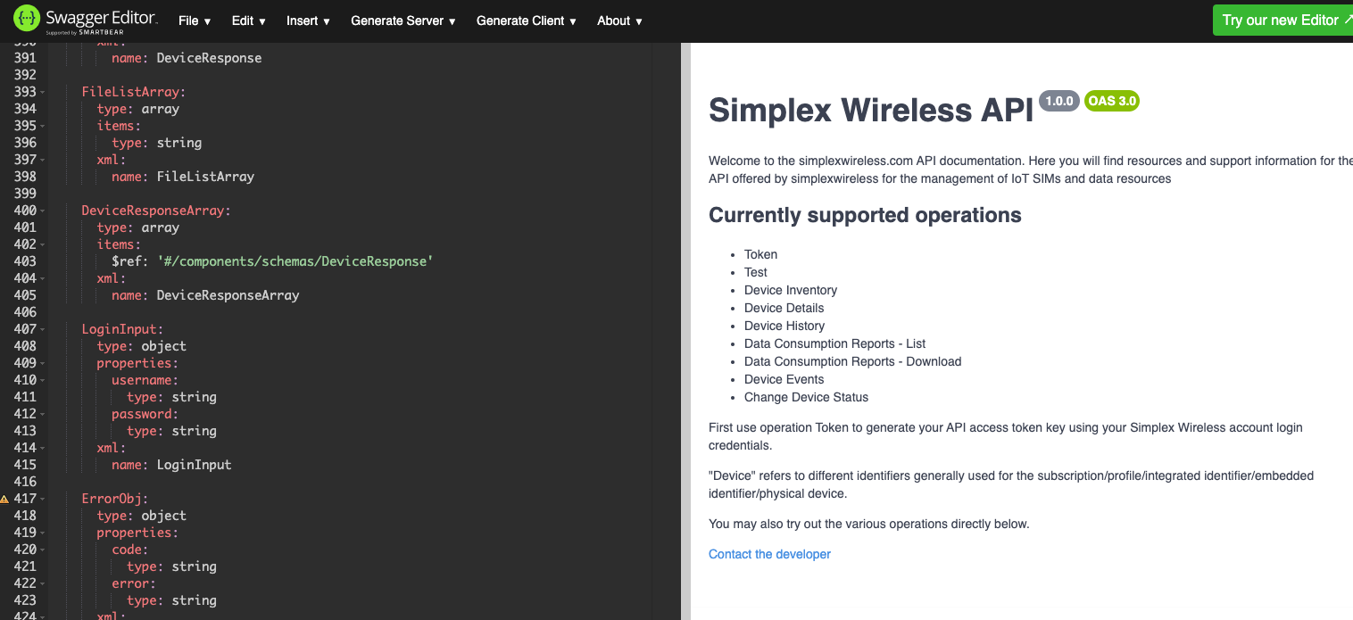 Swagger editor on Simplex API YAML