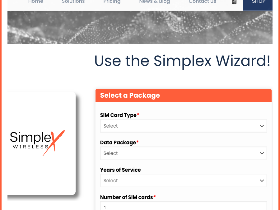 Screenshot of a simplex prepaid wizard for iot data plans